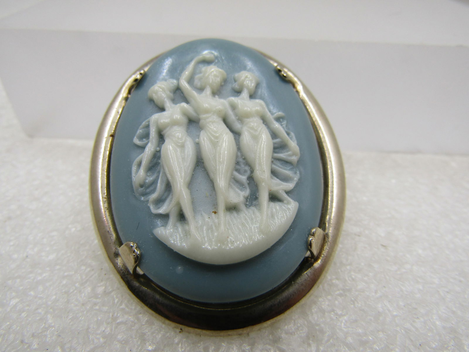 Vintage Three Graces Green Cameo Brooch, 1960's, 1-7/8" Oval - 2