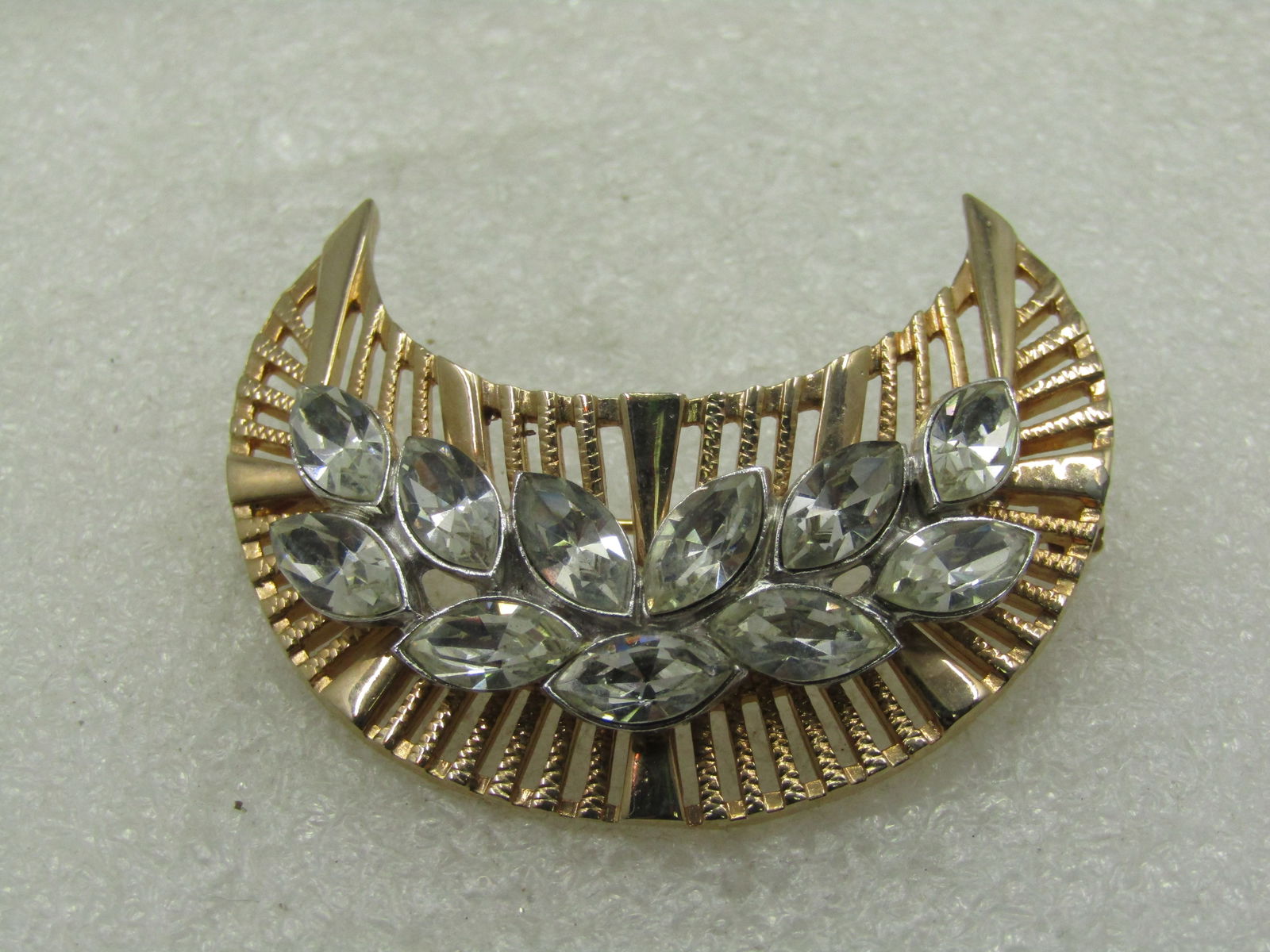 Vintage Clear Rhinestone Marquise Crescent Brooch, 1960's-1970's - 2