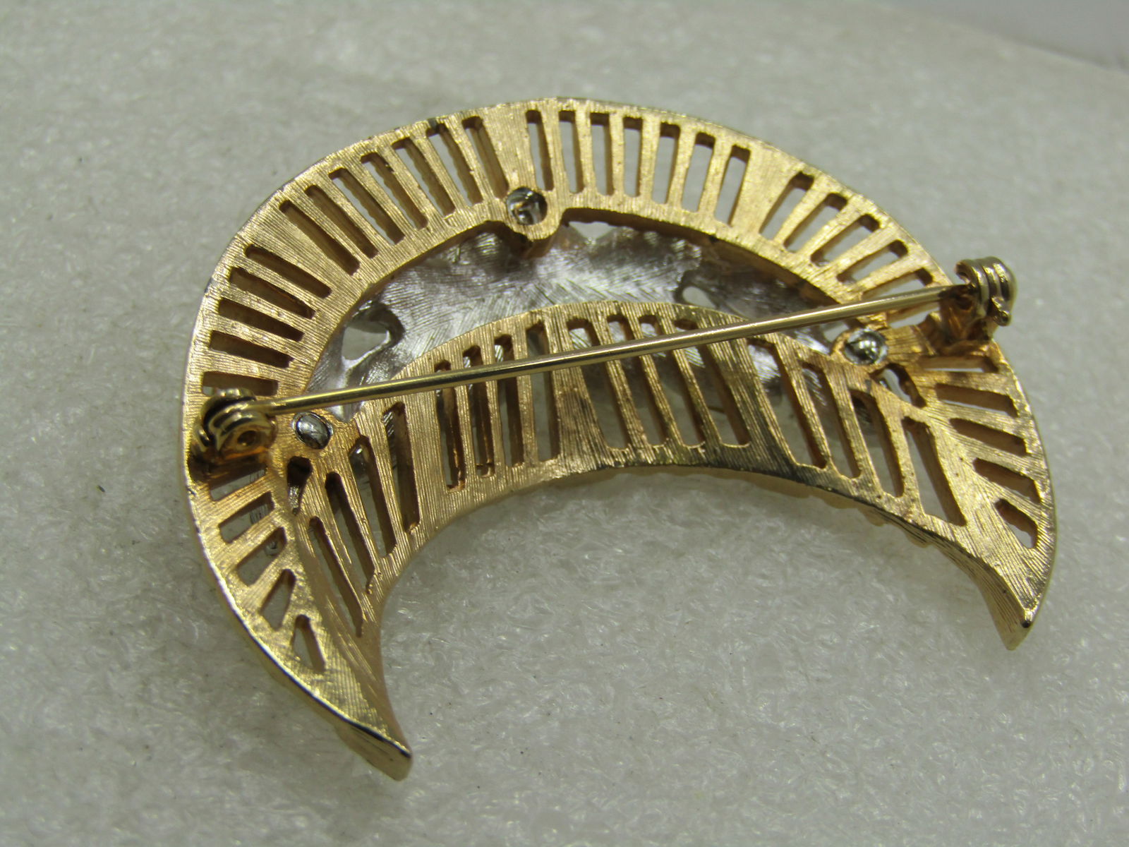 Vintage Clear Rhinestone Marquise Crescent Brooch, 1960's-1970's - 3