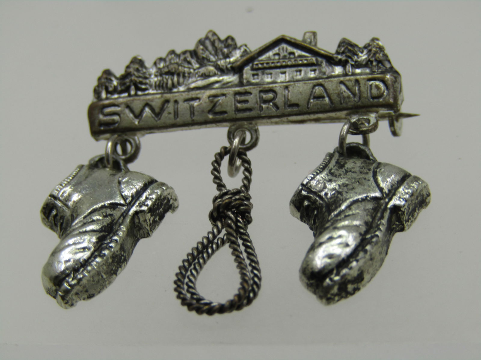 Vintage Switzerland Brooch, Village Scene with Dangles, 1.25" - 2