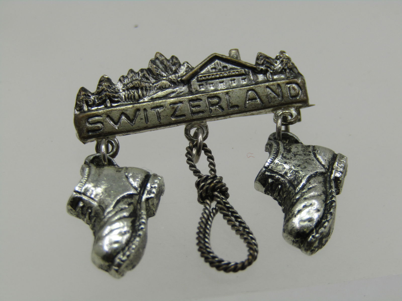 Vintage Switzerland Brooch, Village Scene with Dangles, 1.25" - 3