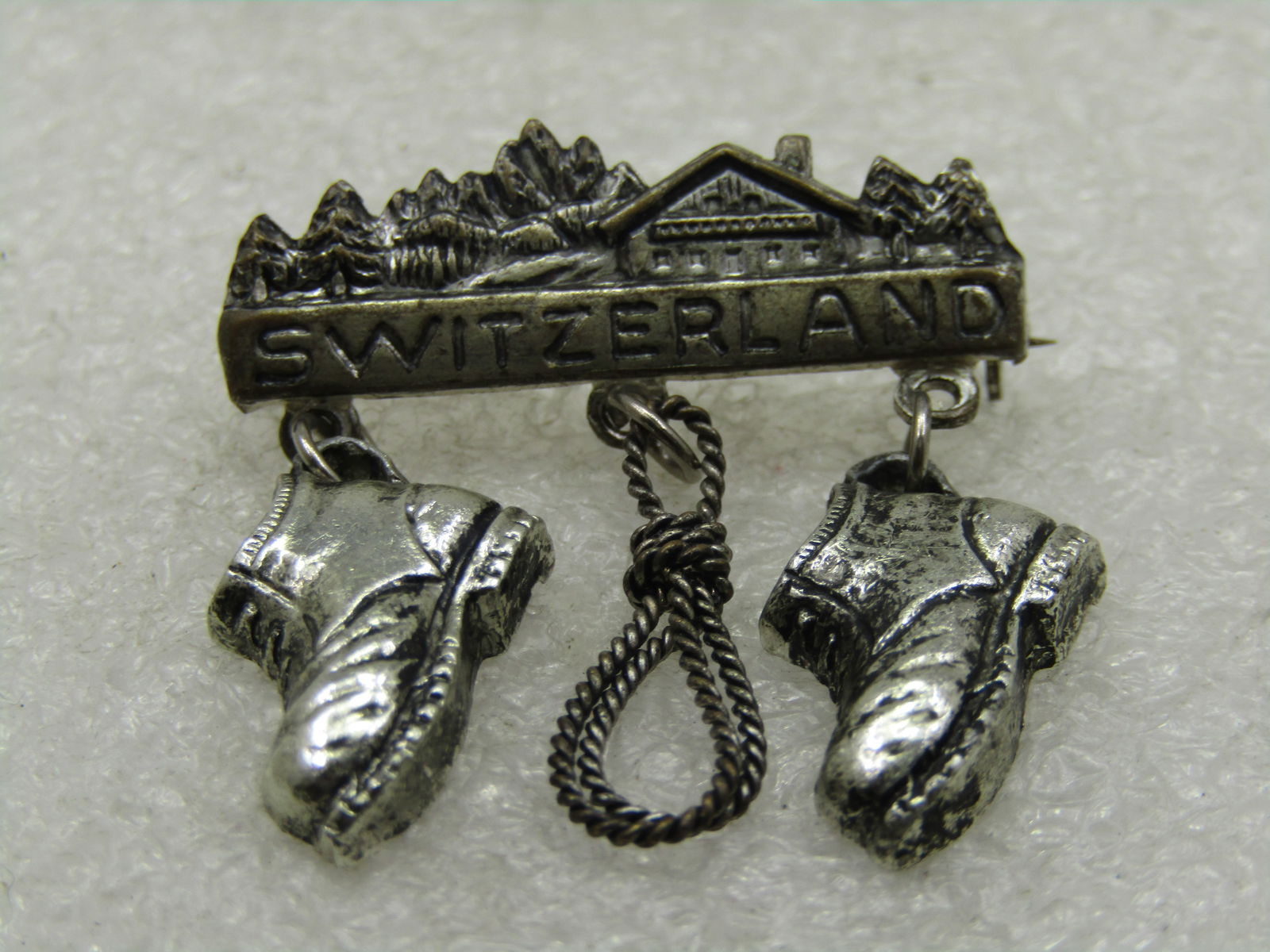 Vintage Switzerland Brooch, Village Scene with Dangles, 1.25" - 5