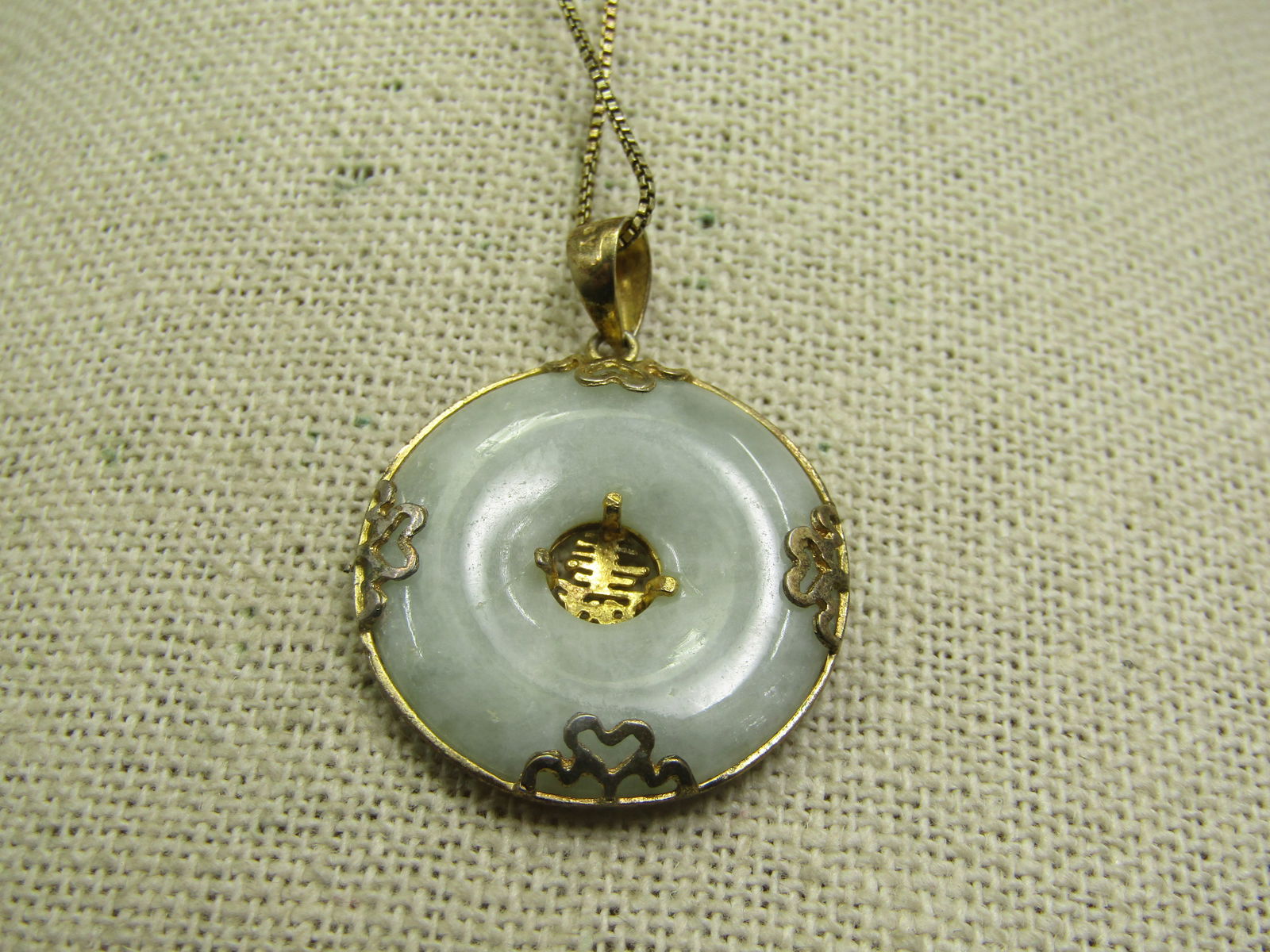Vintage Sterling Jade Necklace, Gold Over, Filigree Bezel, 18" Signed A - 3