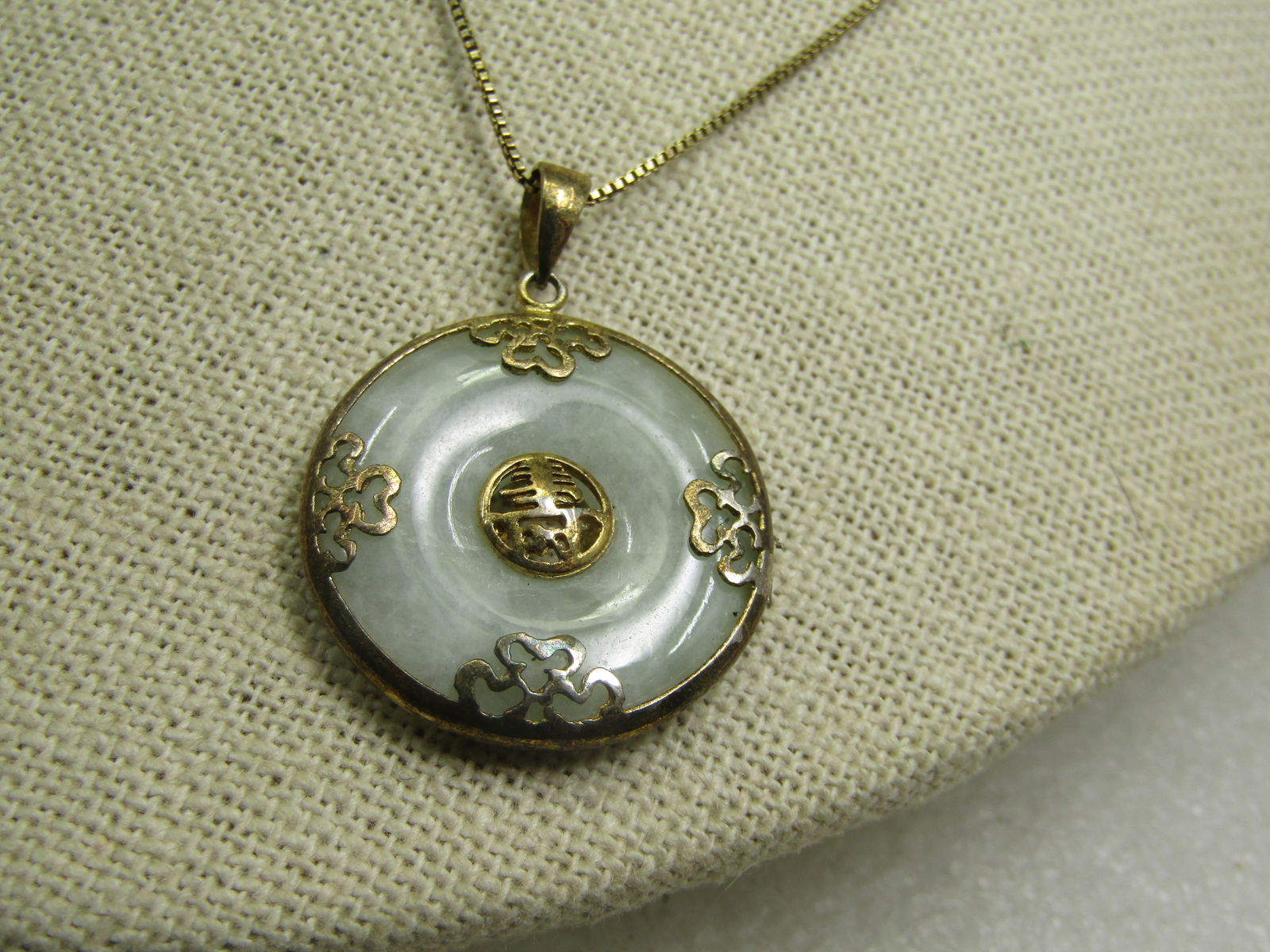 Vintage Sterling Jade Necklace, Gold Over, Filigree Bezel, 18" Signed A - 4