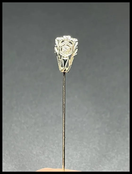 Vintage Diamond & Onyx 14k White Gold Stickpin - 2