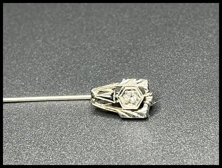 Vintage Diamond & Onyx 14k White Gold Stickpin - 3