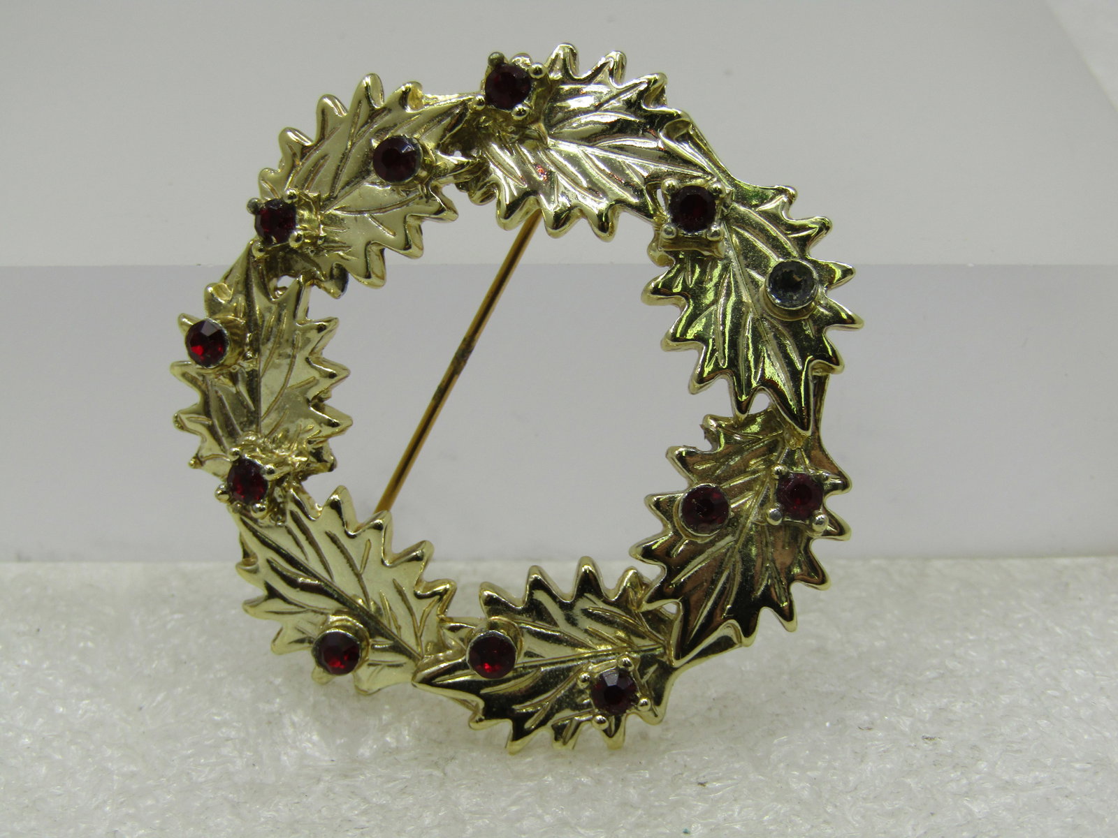 Vintage Deep Red Rhinestone Leaf Brooch, Signed Dodds, 1.75", 1960's (1 of 7)