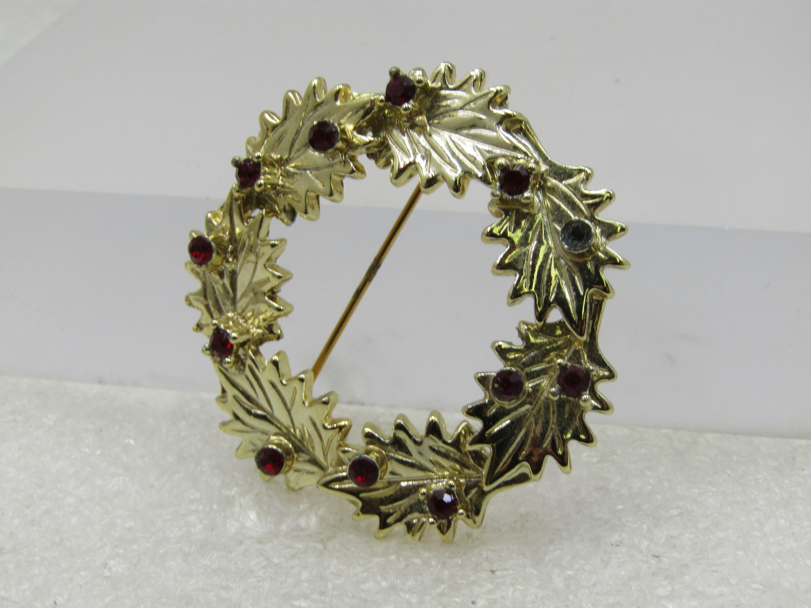 Vintage Deep Red Rhinestone Leaf Brooch, Signed Dodds, 1.75", 1960's - 2