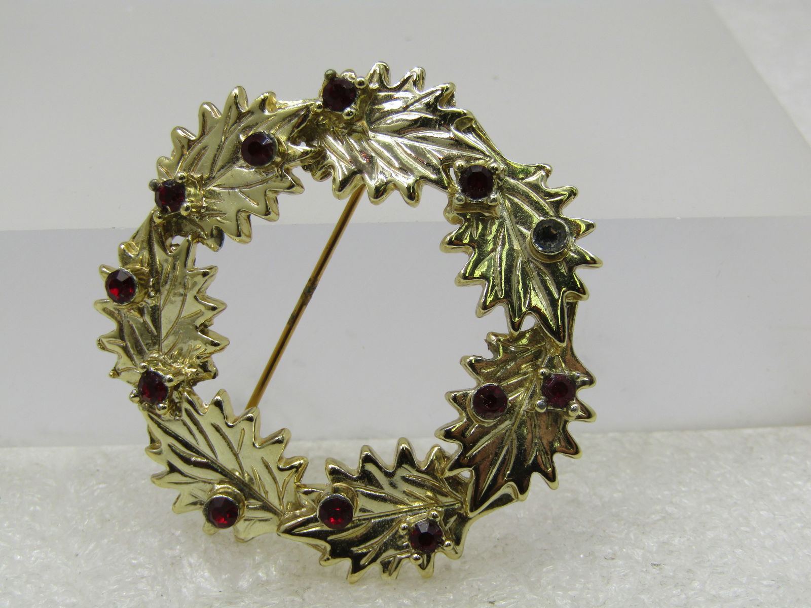 Vintage Deep Red Rhinestone Leaf Brooch, Signed Dodds, 1.75", 1960's - 3
