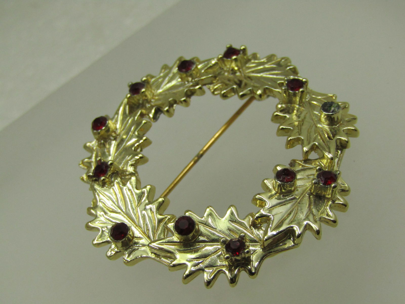 Vintage Deep Red Rhinestone Leaf Brooch, Signed Dodds, 1.75", 1960's - 5