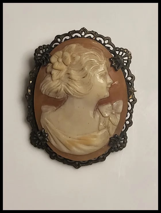Vintage Sterling Silver Hand-Carved Shell Filigree Cameo Pin/Brooch - 2