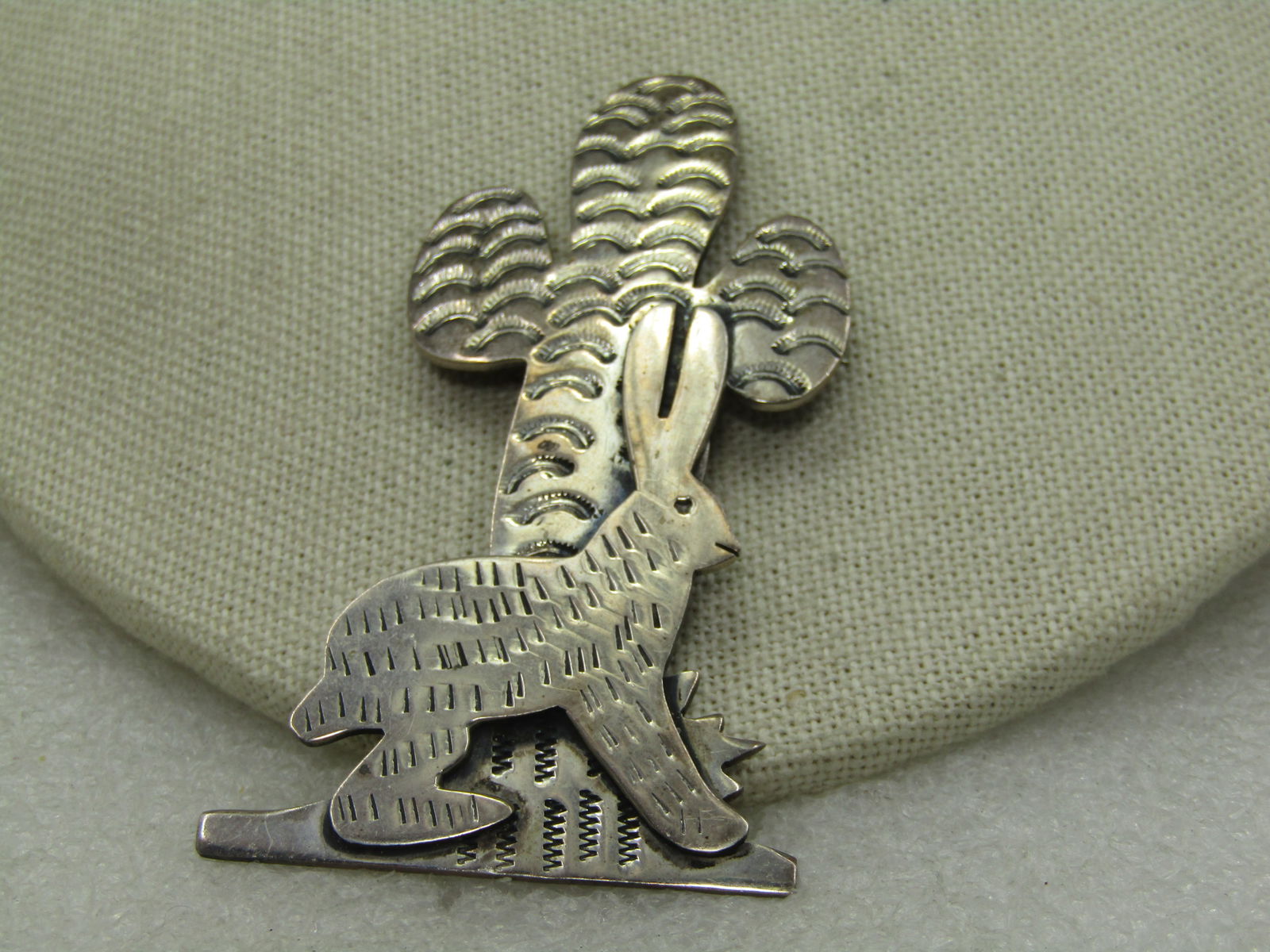 Vintage Sterling Mexican Jackalope Cactus Brooch, Signed, 3" by 1.5" - 2