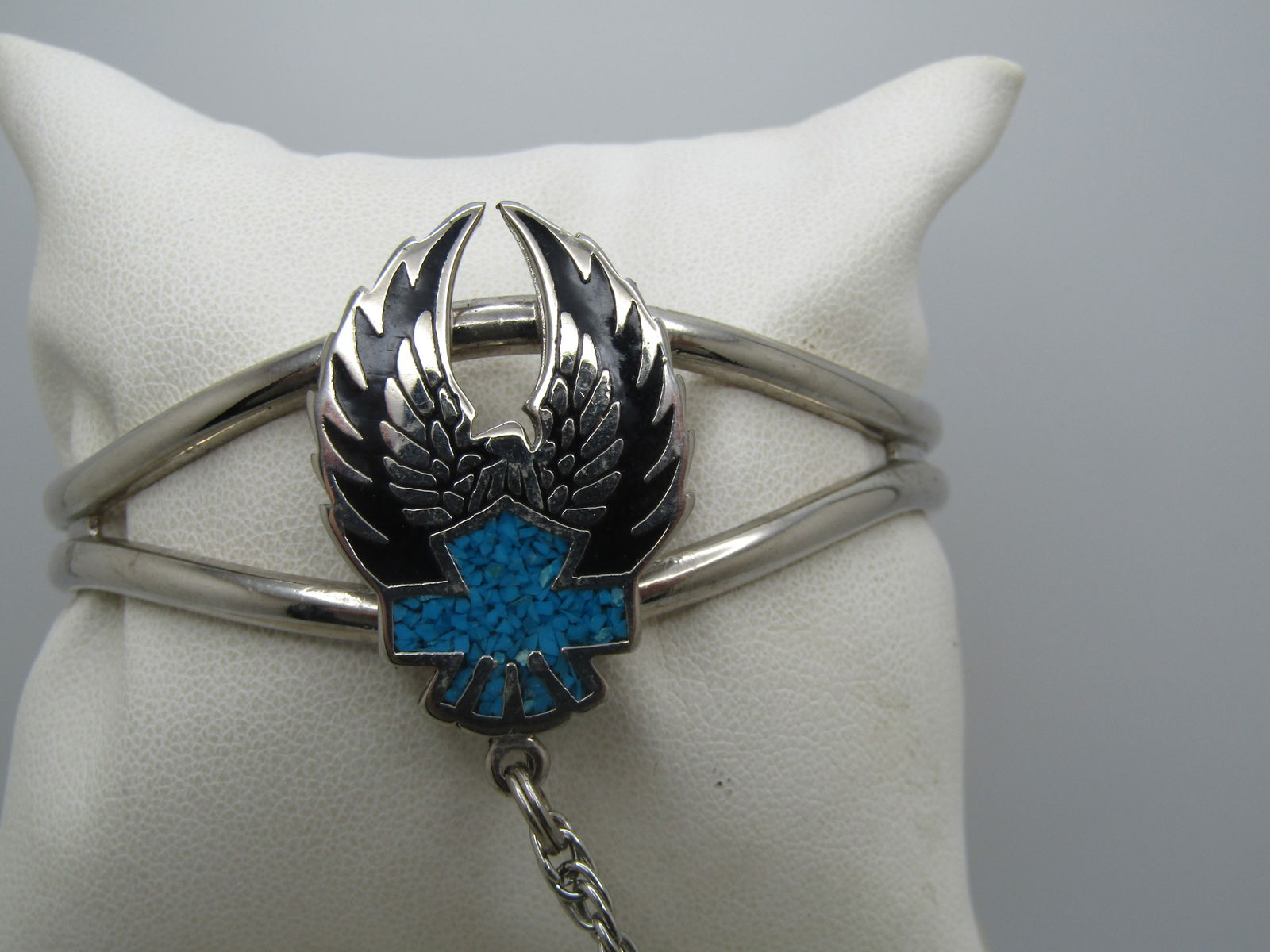 Vintage Enameled & Turquoise Chip Biker Bracelet with Attached Ring, 7" and Sz. 4.5 - 3