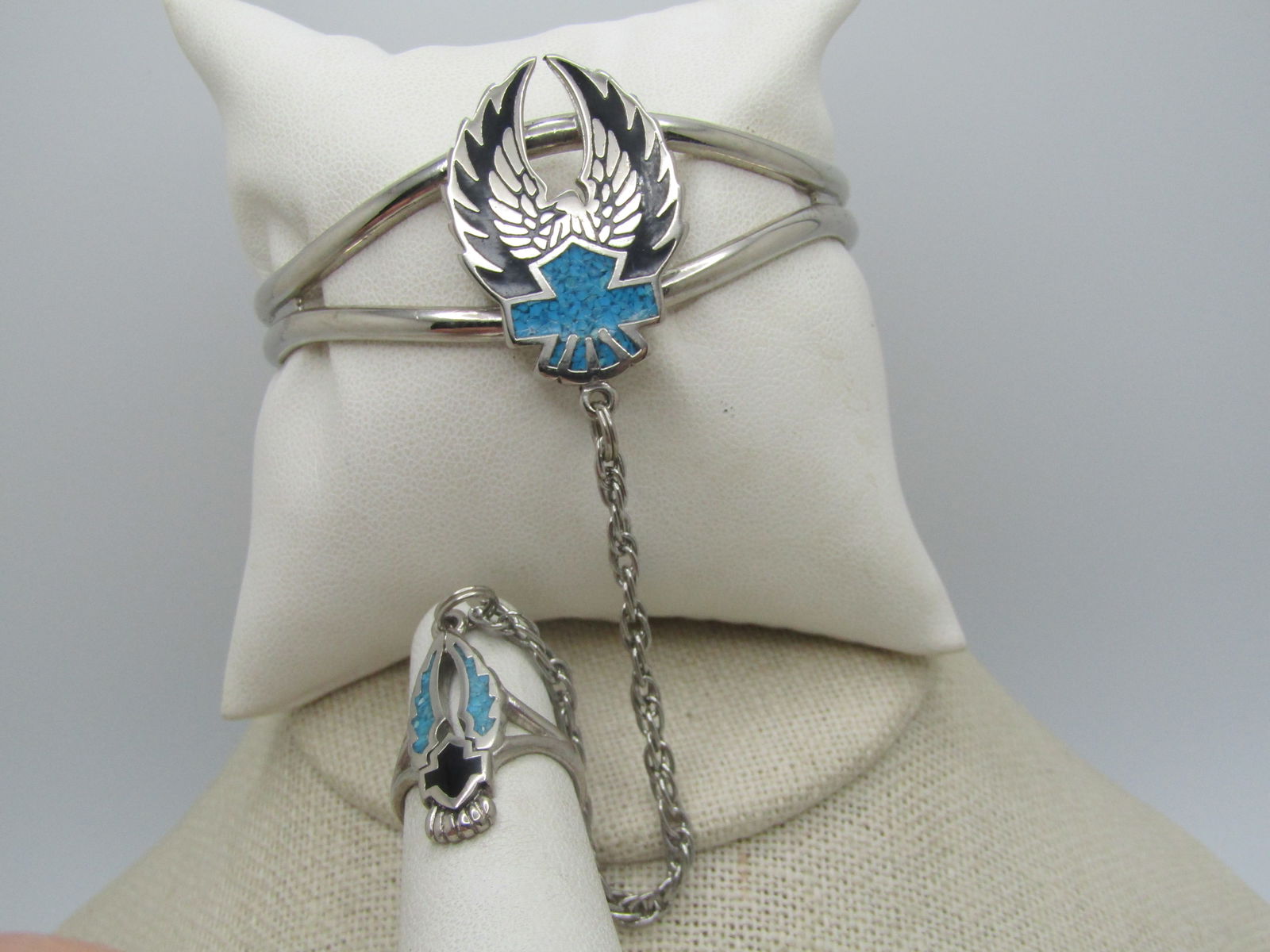 Vintage Enameled & Turquoise Chip Biker Bracelet with Attached Ring, 7" and Sz. 4.5 - 4