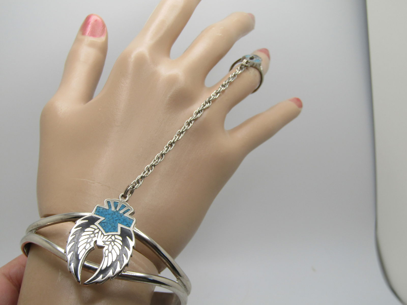 Vintage Enameled & Turquoise Chip Biker Bracelet with Attached Ring, 7" and Sz. 4.5 - 5