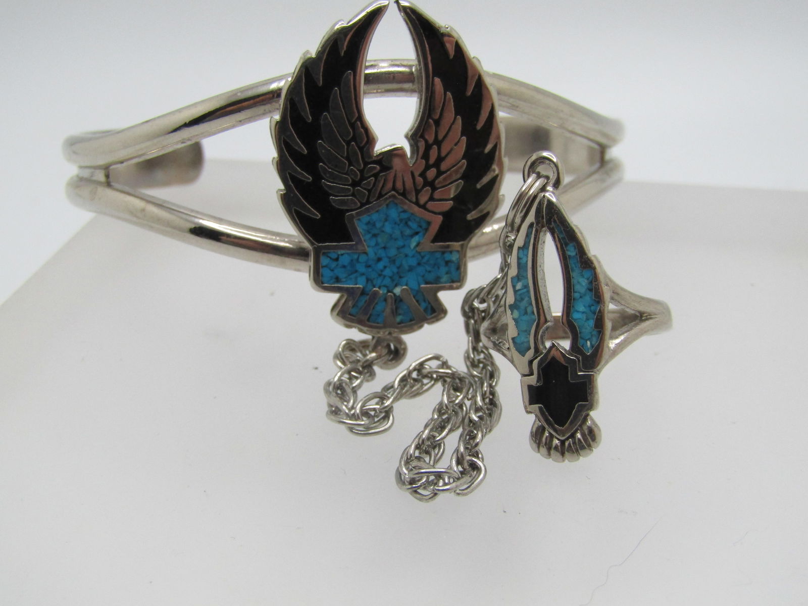 Vintage Enameled & Turquoise Chip Biker Bracelet with Attached Ring, 7" and Sz. 4.5 - 6