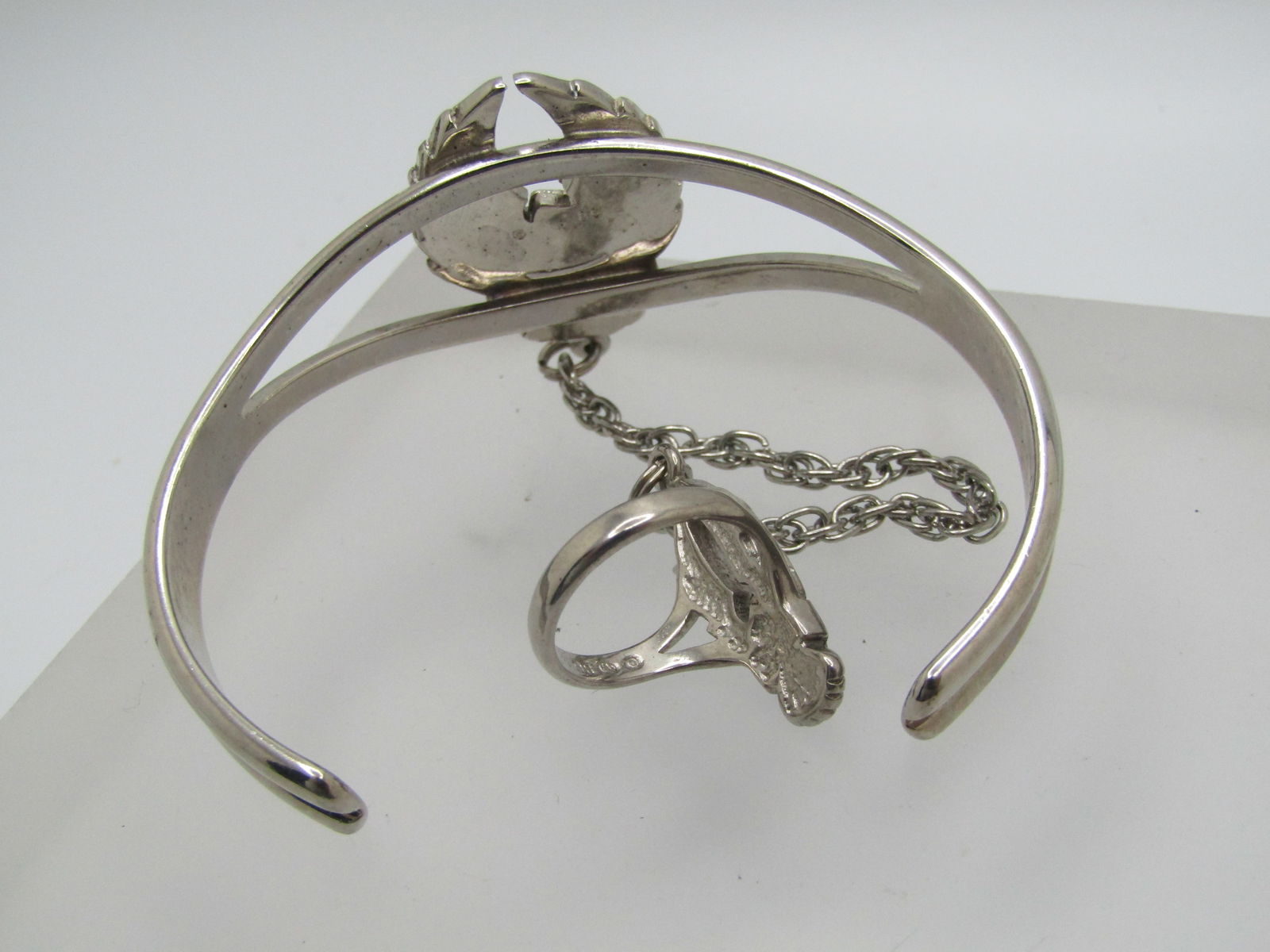 Vintage Enameled & Turquoise Chip Biker Bracelet with Attached Ring, 7" and Sz. 4.5 - 7