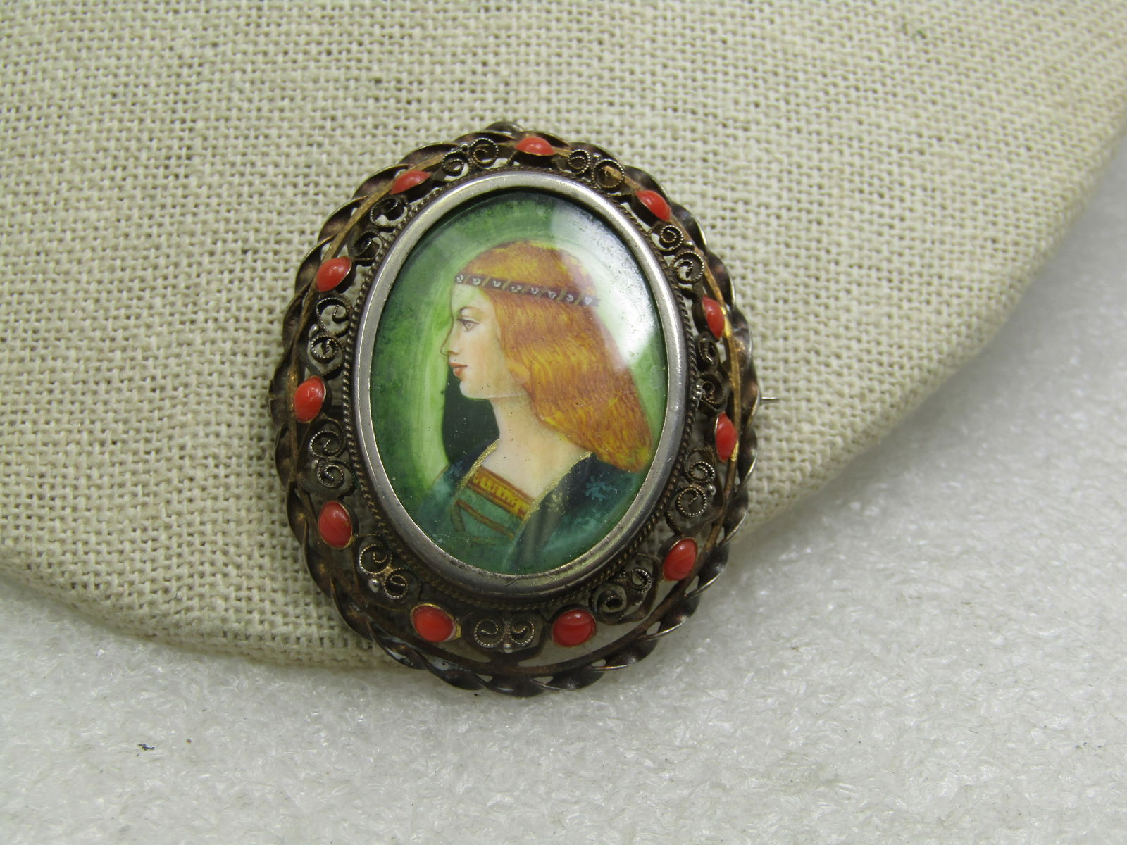 800 Silver Painted Maiden Brooch, Coral Glass Stones, G=Filigree Frame, 1940's - 2