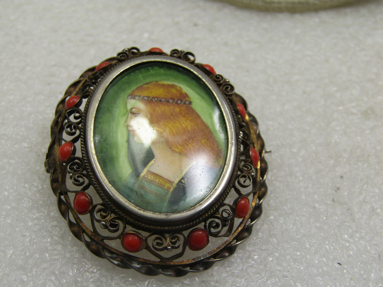 800 Silver Painted Maiden Brooch, Coral Glass Stones, G=Filigree Frame, 1940's - 3