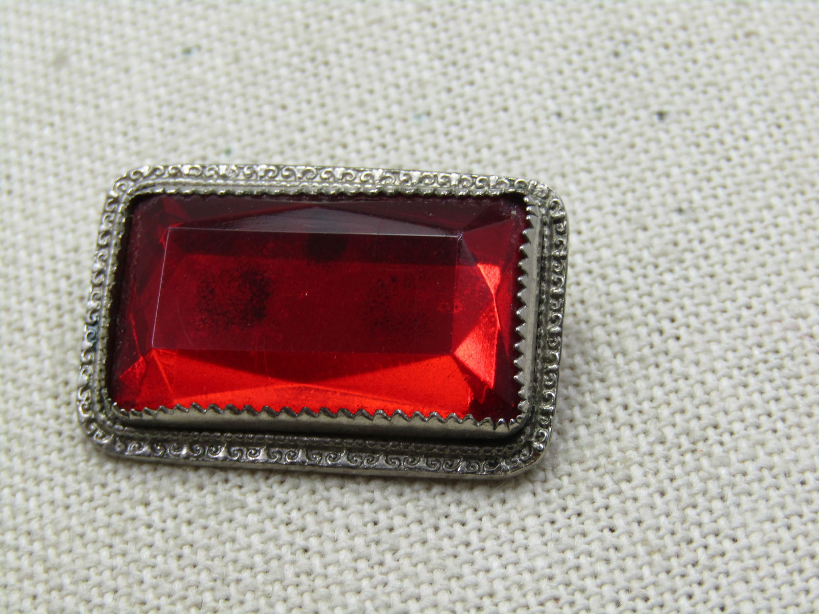 Vintage Red Rhinestone Brooch, Mid-Century, Rectangular, C-Clasp - 4