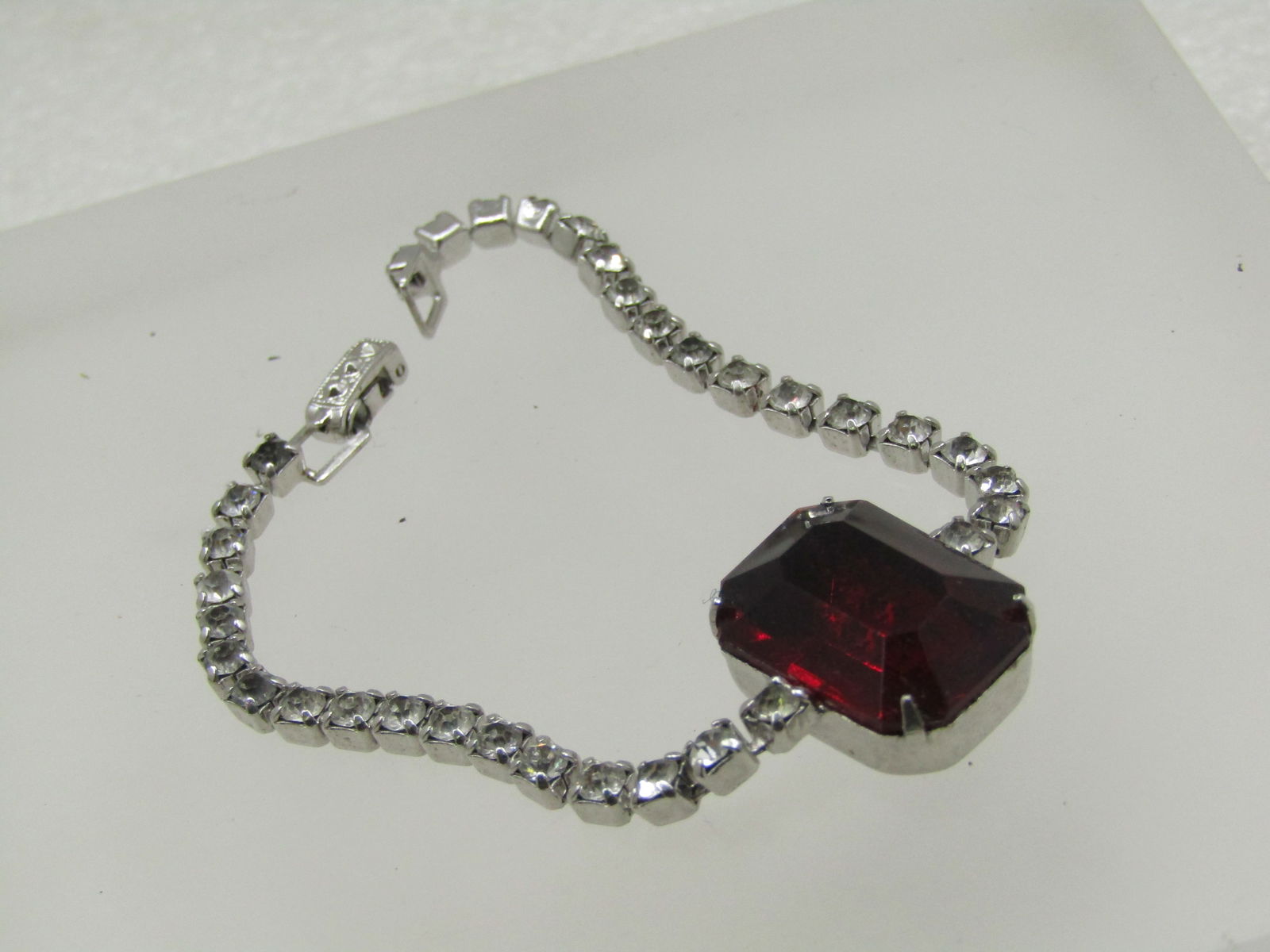 Vintage Clear & Red Rhinestone Bracelet, 7", Silver Tone - 2