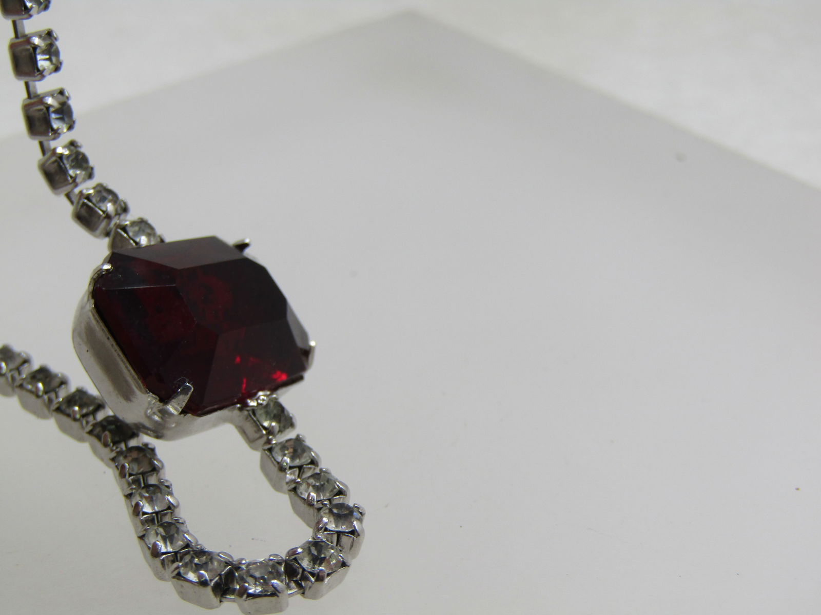 Vintage Clear & Red Rhinestone Bracelet, 7", Silver Tone - 4