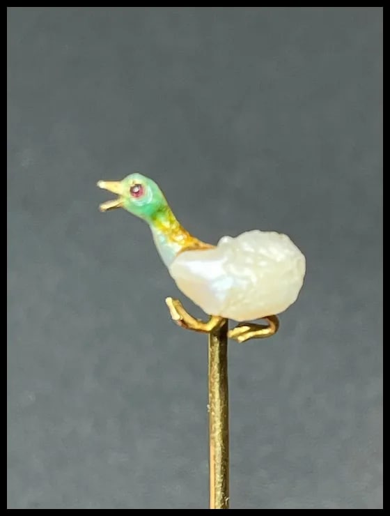 Vintage Enamel Duck and Pearl 14k Gold Stickpin - 2
