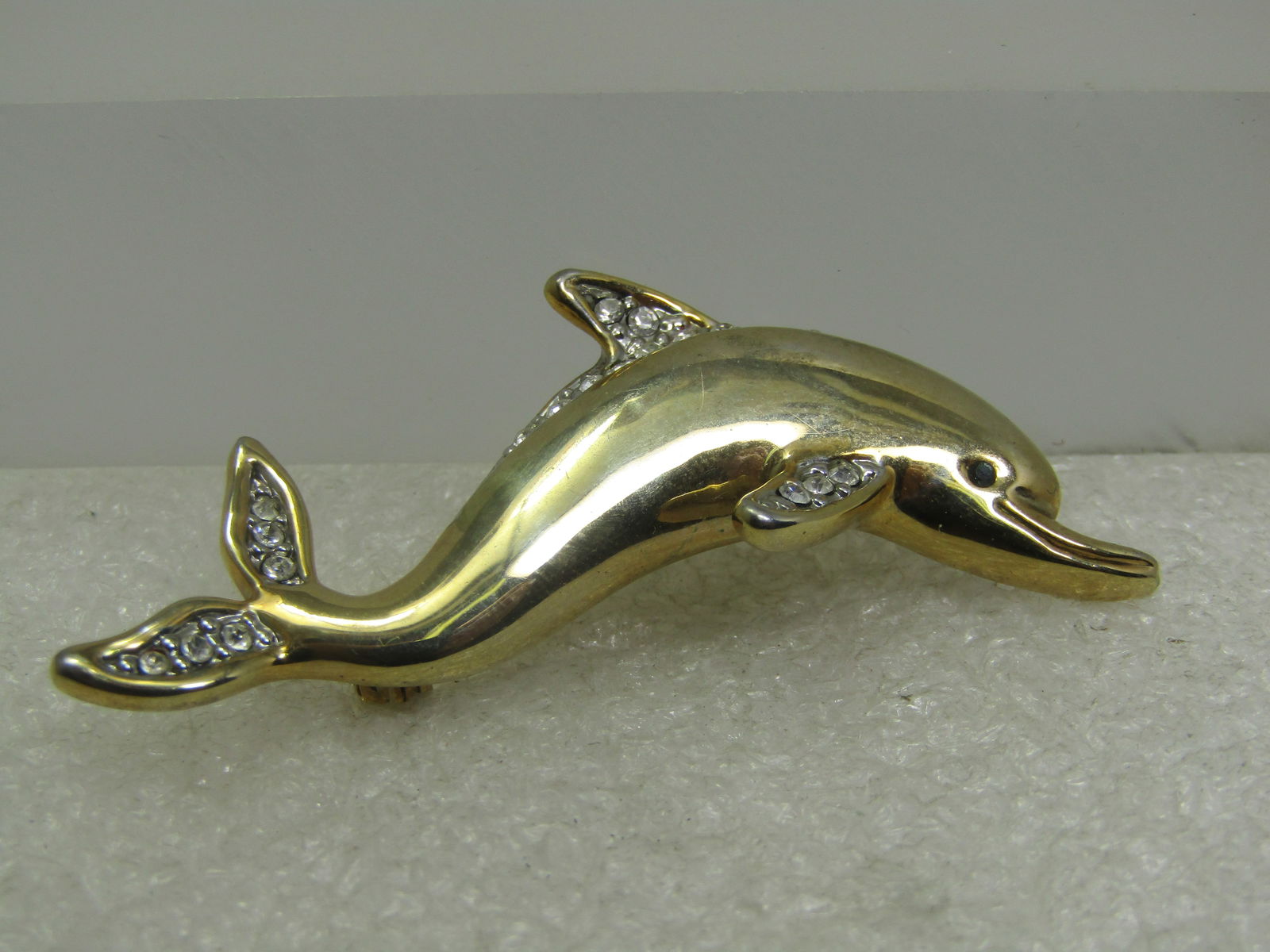 Vintage Rhinestone Dolphin Brooch, 1980's, 2.25" - 3