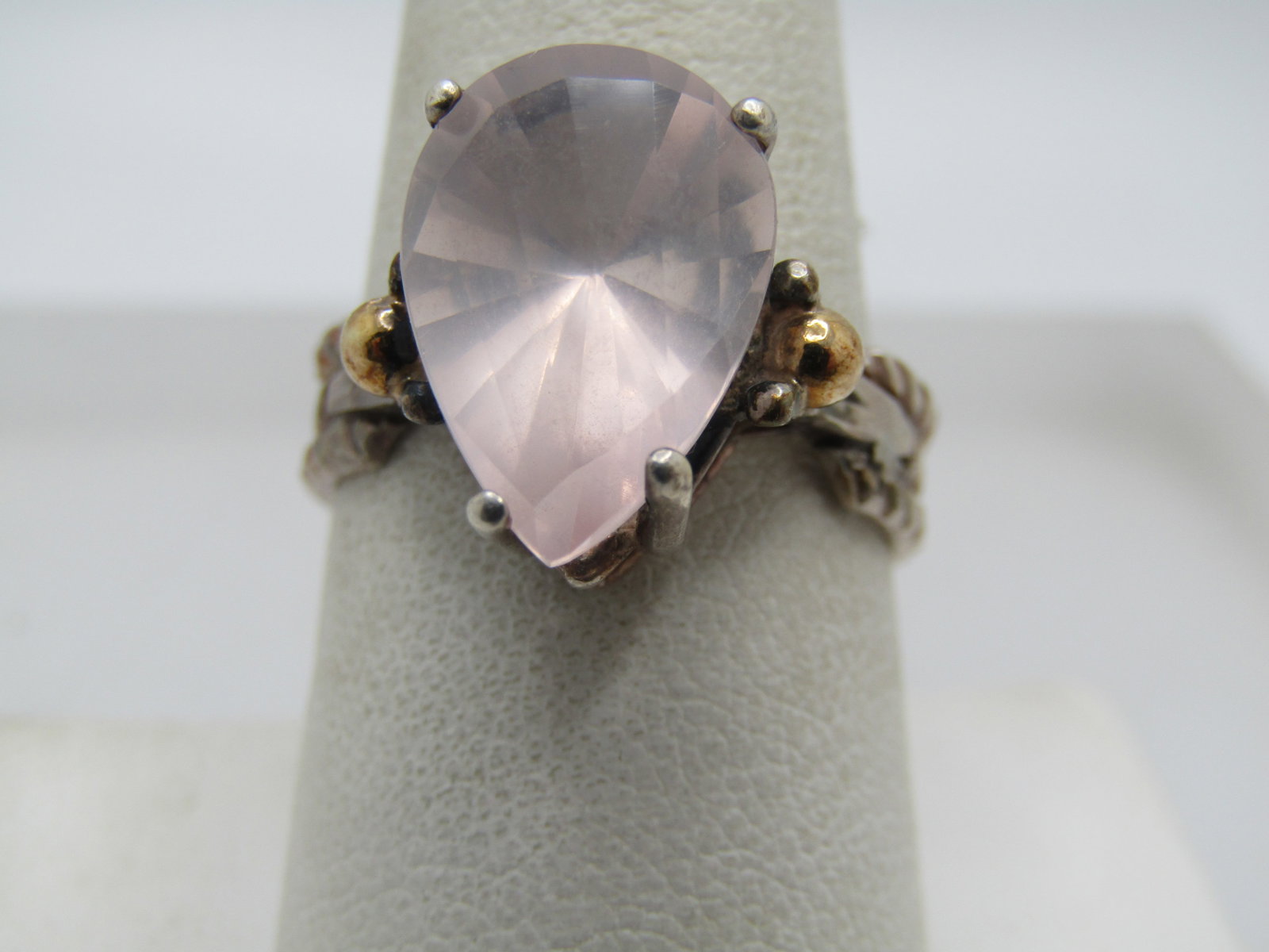 Vintage Sterling & 14kt Pink Quartz Ring, , Sz. 9, 5.5 TCW, Signed MCM (1 of 8)