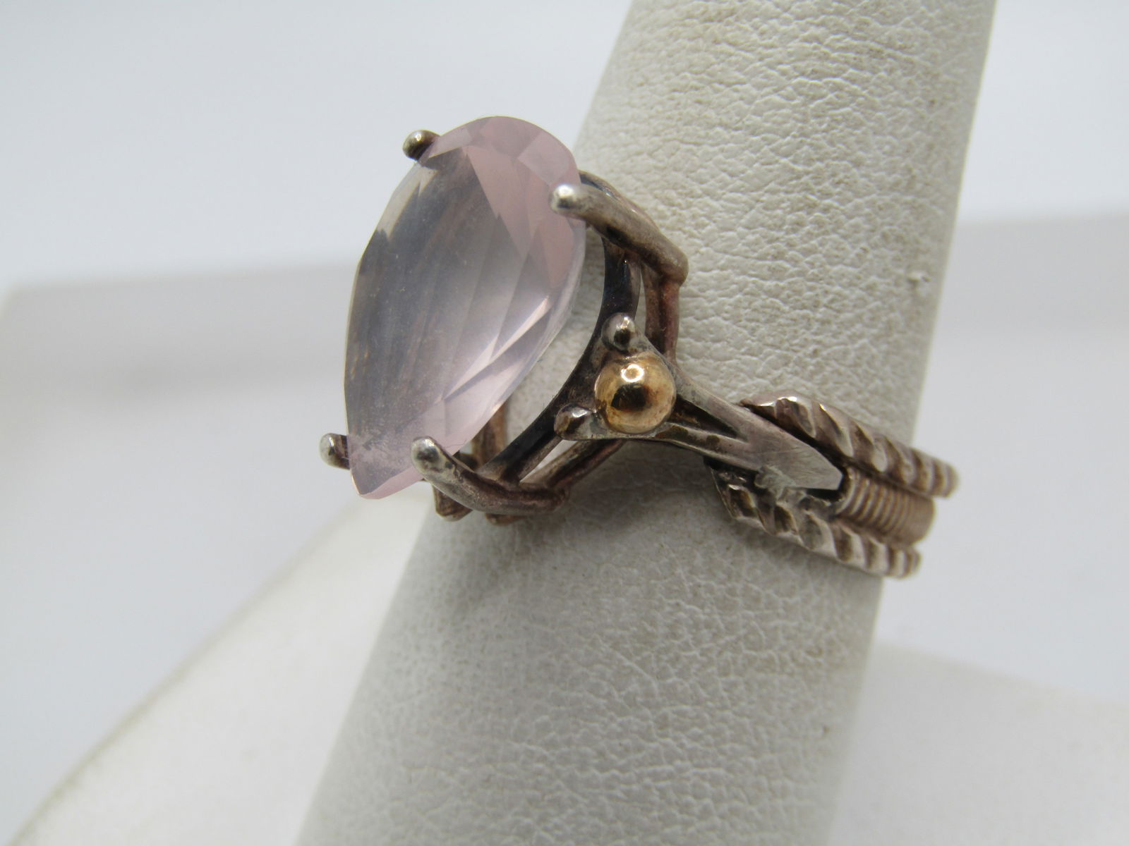 Vintage Sterling & 14kt Pink Quartz Ring, , Sz. 9, 5.5 TCW, Signed MCM - 2