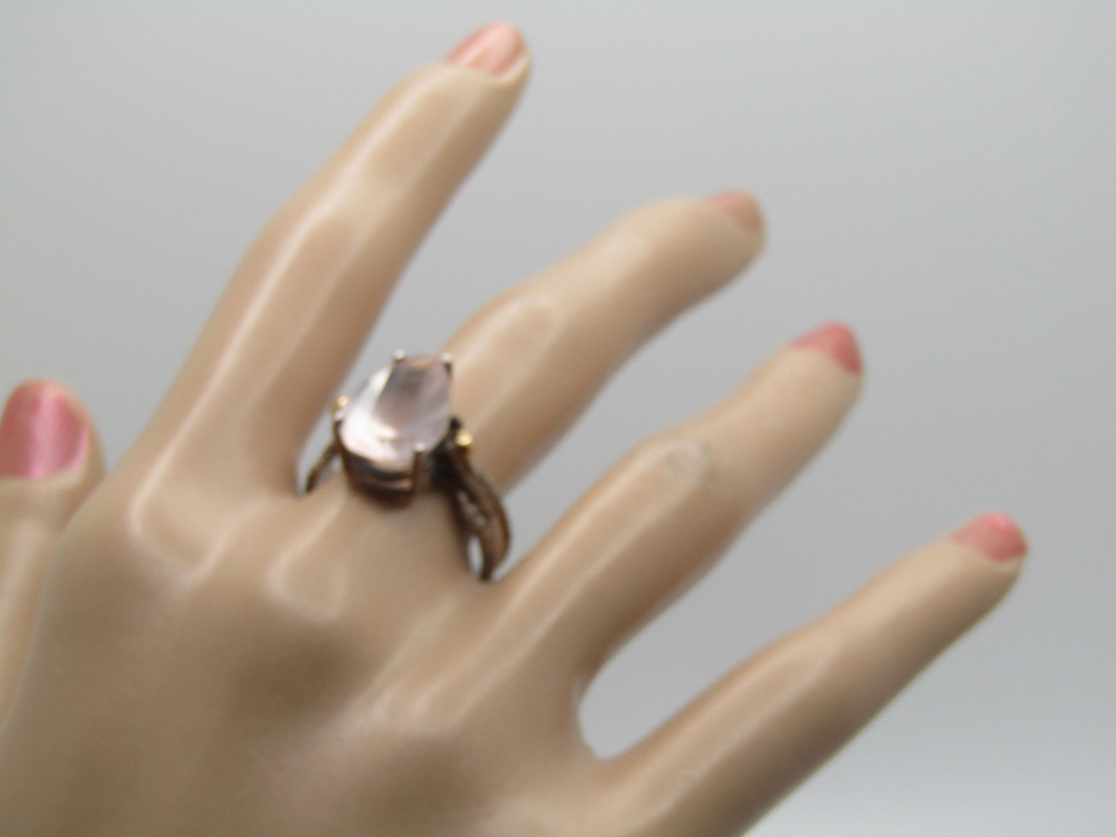 Vintage Sterling & 14kt Pink Quartz Ring, , Sz. 9, 5.5 TCW, Signed MCM - 7