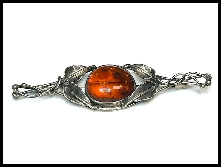 Estate Sterling Silver and Amber Brooch - 2