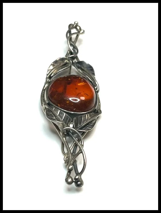 Estate Sterling Silver and Amber Brooch - 4