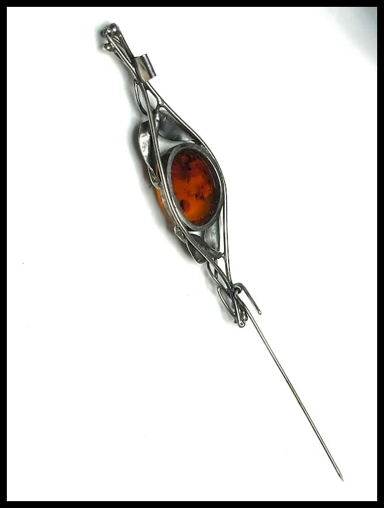 Estate Sterling Silver and Amber Brooch - 5