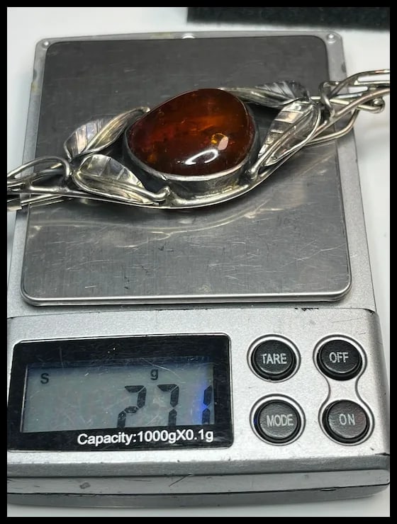 Estate Sterling Silver and Amber Brooch - 9