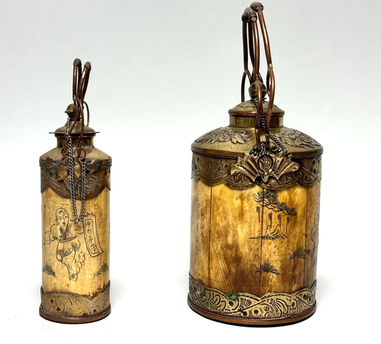 2 Old Chinese Theepots made of bone and brass 1950 - 8