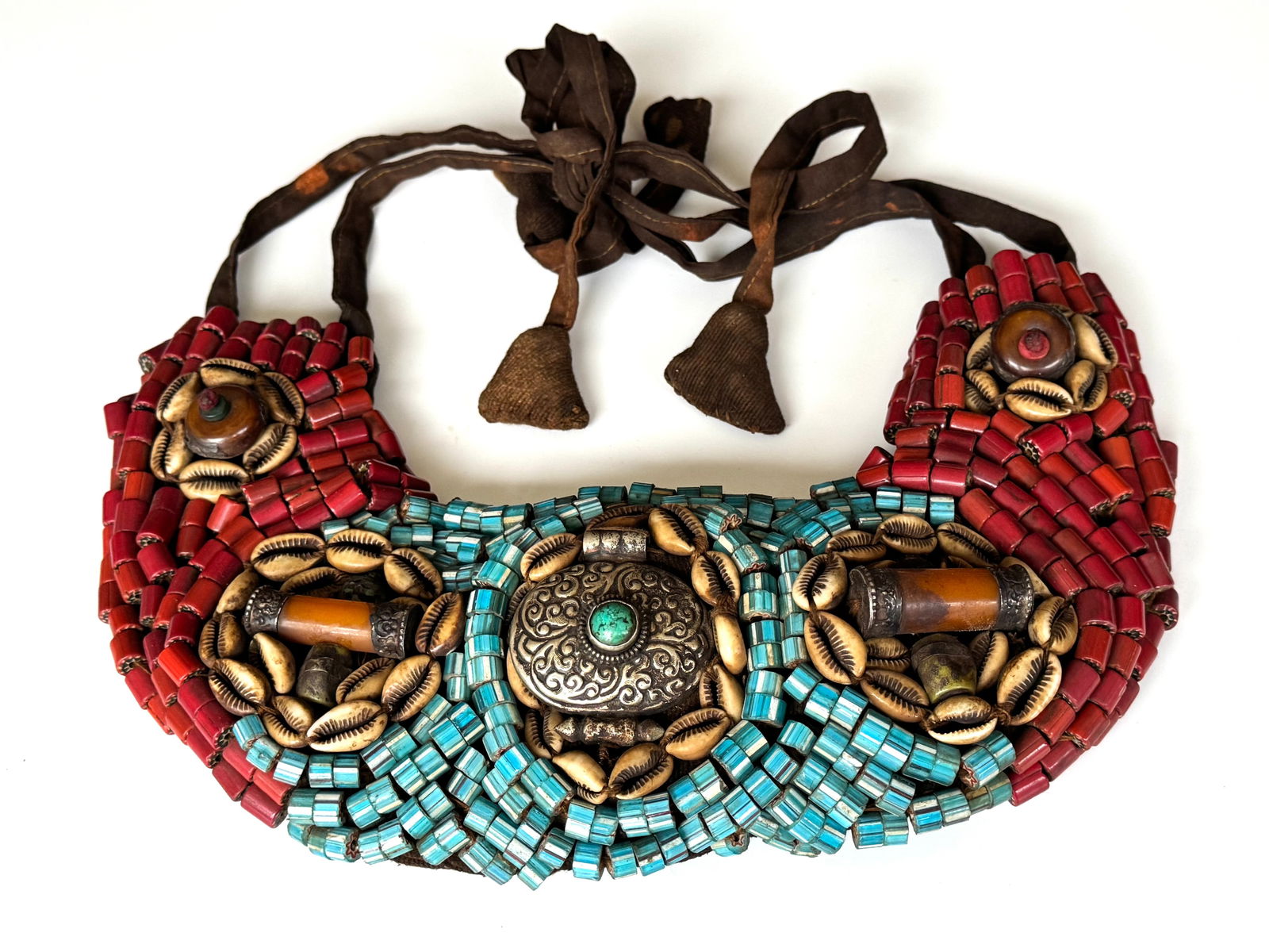 Antique Tibetan Perak Breastplate: Cornelian beads, Turquoise, Shells, gemstone, Kashmir, Jewelry - 12