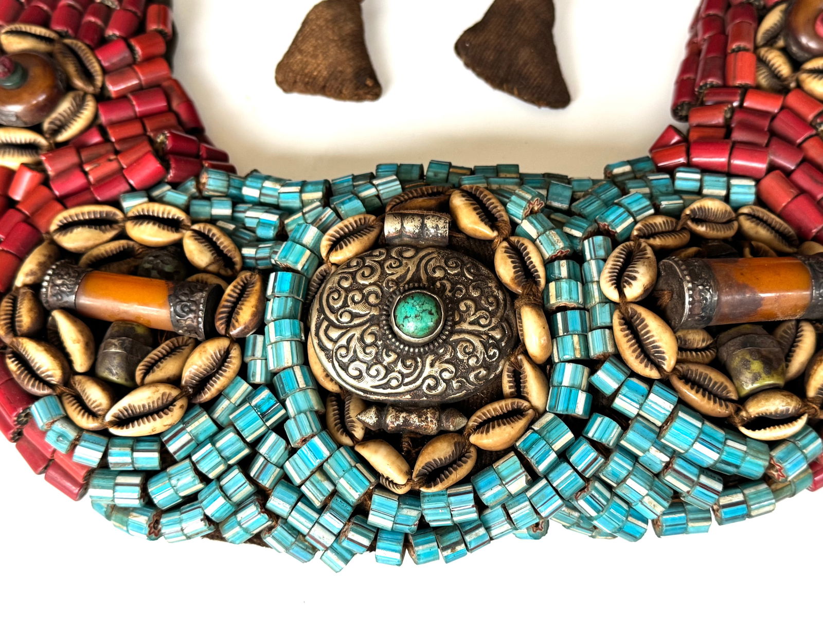 Antique Tibetan Perak Breastplate: Cornelian beads, Turquoise, Shells, gemstone, Kashmir, Jewelry - 13