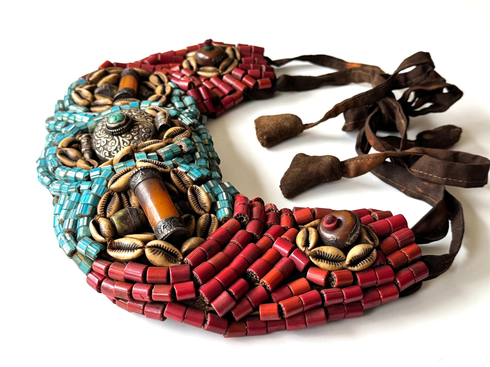 Antique Tibetan Perak Breastplate: Cornelian beads, Turquoise, Shells, gemstone, Kashmir, Jewelry - 15