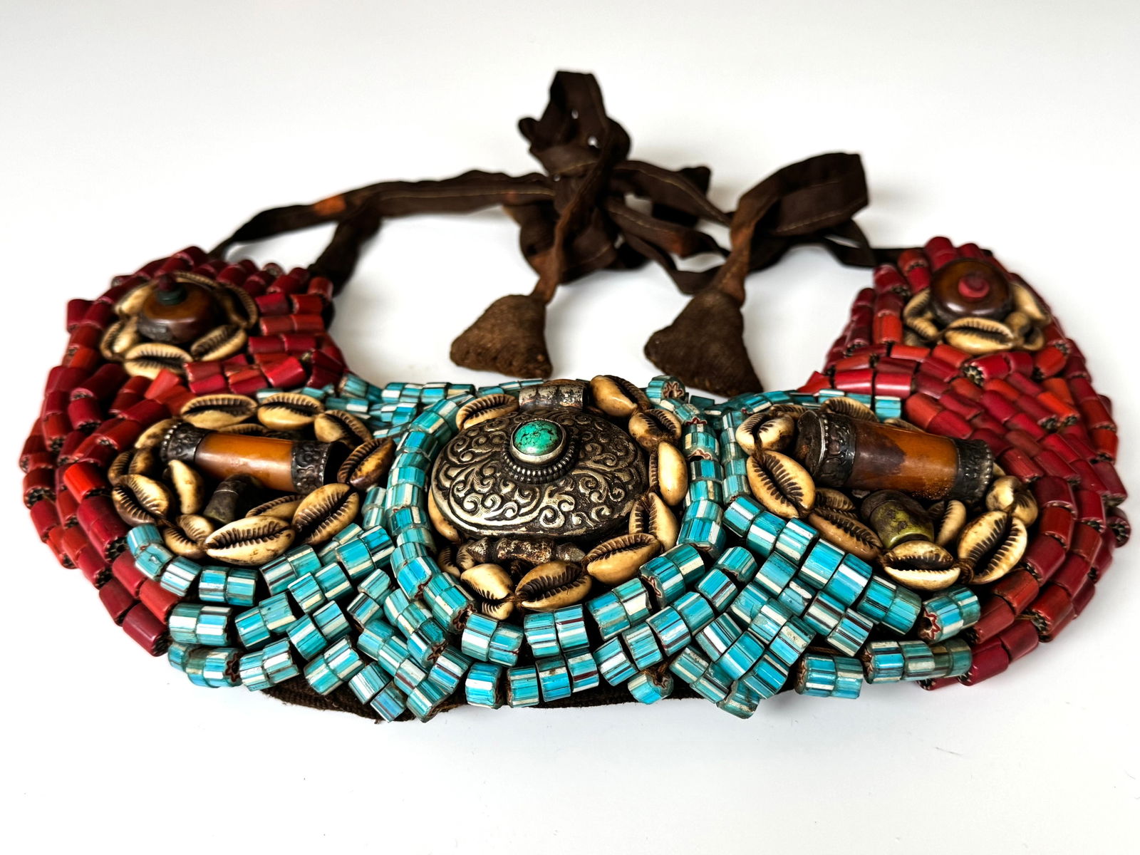 Antique Tibetan Perak Breastplate: Cornelian beads, Turquoise, Shells, gemstone, Kashmir, Jewelry - 2