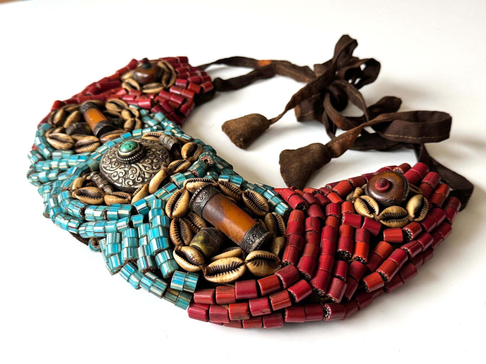 Antique Tibetan Perak Breastplate: Cornelian beads, Turquoise, Shells, gemstone, Kashmir, Jewelry - 3