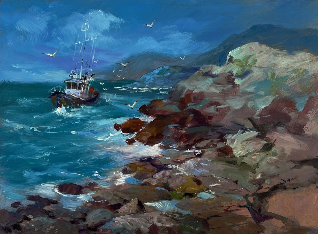 Oil painting A boat on the rocky seashore Yuriy Suprunchuk (1 of 10)