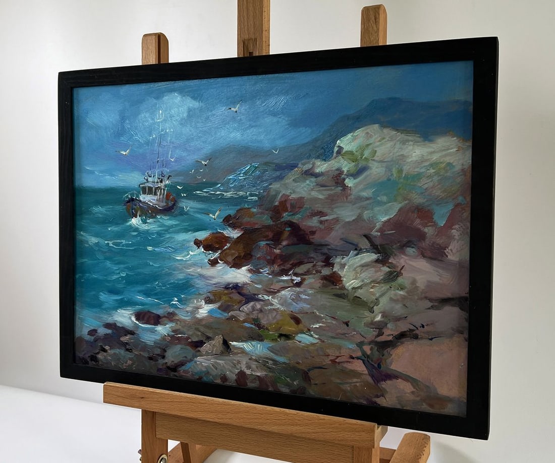 Oil painting A boat on the rocky seashore Yuriy Suprunchuk - 3