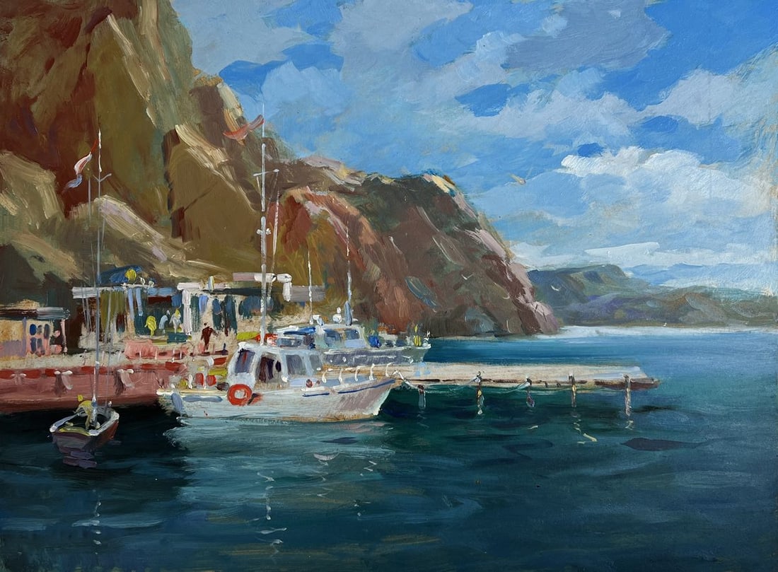 Oil painting Ships on the ferry Yuriy Suprunchuk: Title: Oil painting Ships on the ferry Yuriy Suprunchuk Description: №AAA4237The painting "Ships on the Ferry" captures the essence of a peaceful coastal scene, where the shimmering blue waters