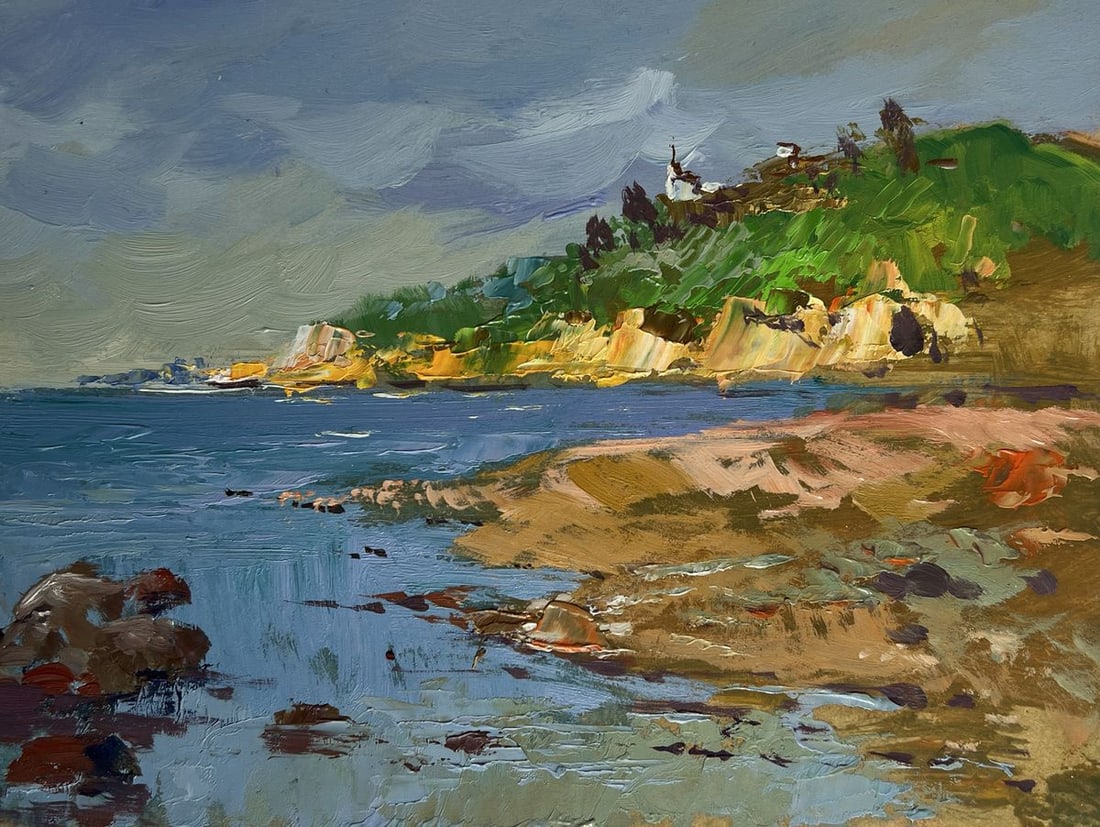 Oil painting Silence at the foot of the mountains Yuriy Suprunchuk: Title: Oil painting Silence at the foot of the mountains Yuriy Suprunchuk Description: №AAA4287The painting "Silence at the Foot of the Mountains" captures the tranquil beauty of a coastal lands