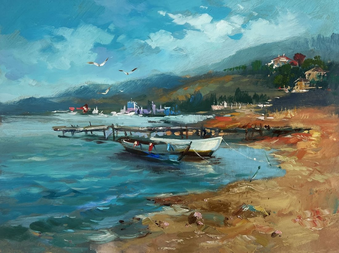 Oil painting Hidden corner by the sea Yuriy Suprunchuk: Title: Oil painting Hidden corner by the sea Yuriy Suprunchuk Description: №AAA4450The painting "Hidden Corner by the Sea" captures the essence of a tranquil coastal village, where time moves sl