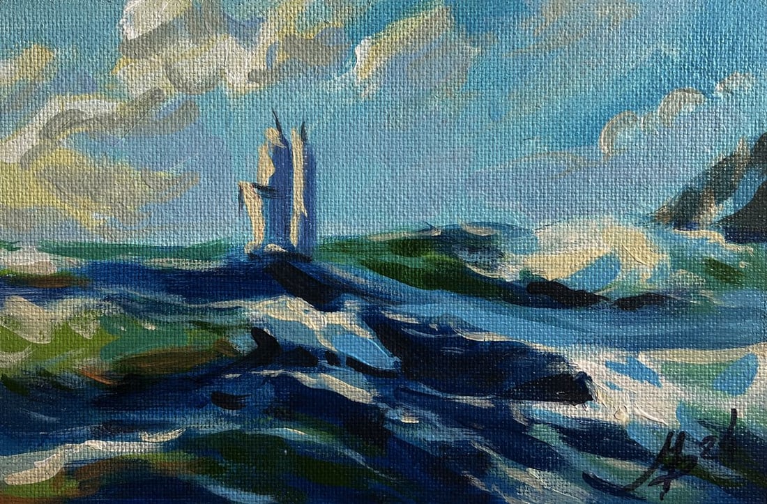 Acrylic painting Evening waves sea Mykhailo Patskan (1 of 10)