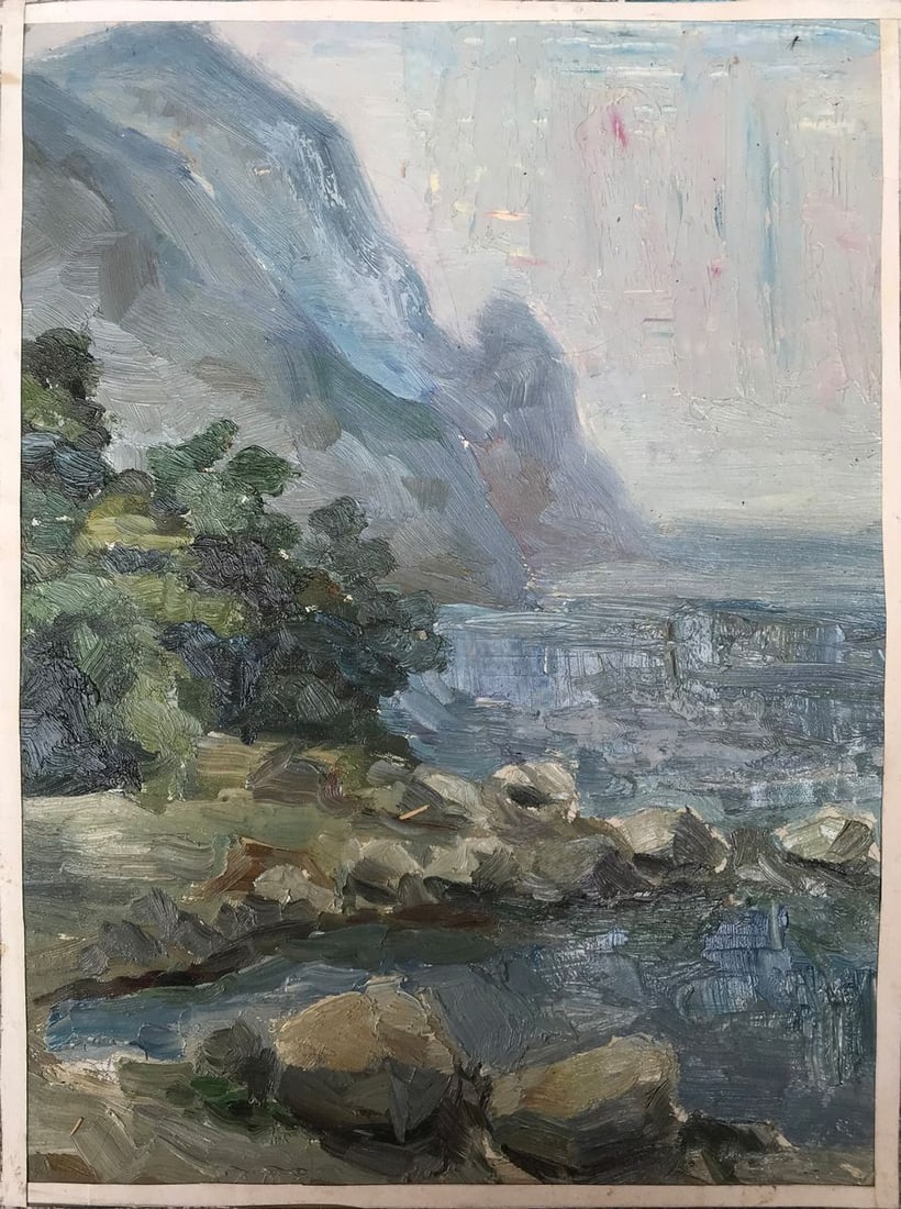 Oil painting In the mountains Ogienko N.: Title: Oil painting In the mountains Ogienko N. Description: №AAA2079 This beautiful oil painting captures the majesty of the mountains and the sea. The rich colors and textures of the trees