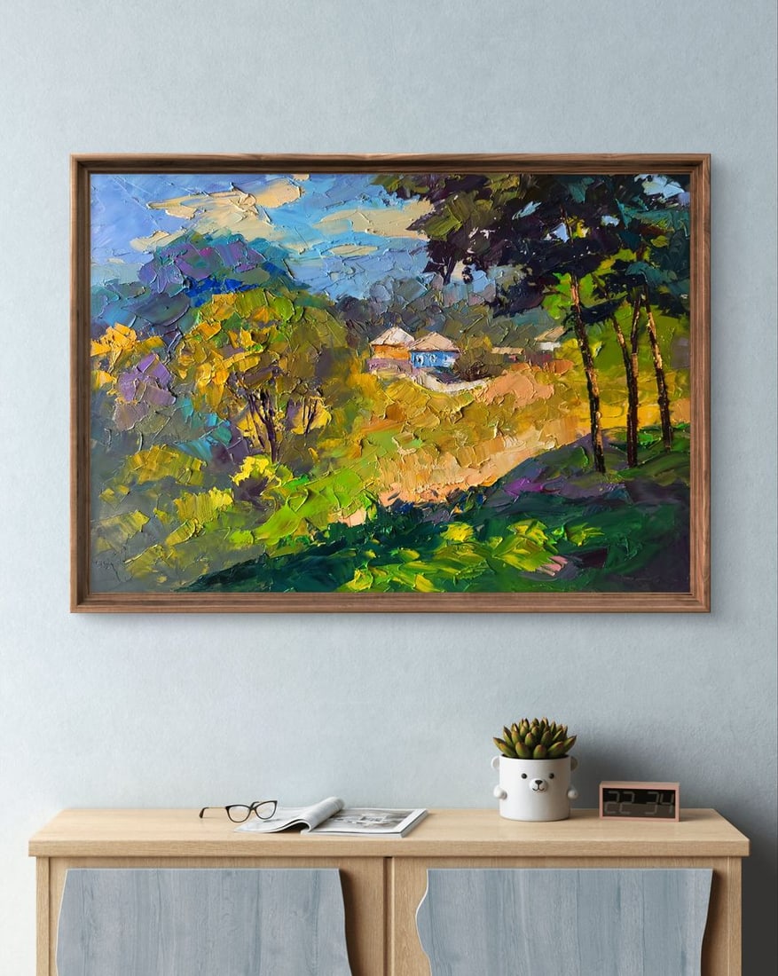 Oil painting A village can be seen beyond the forest Boris Serdyuk - 2