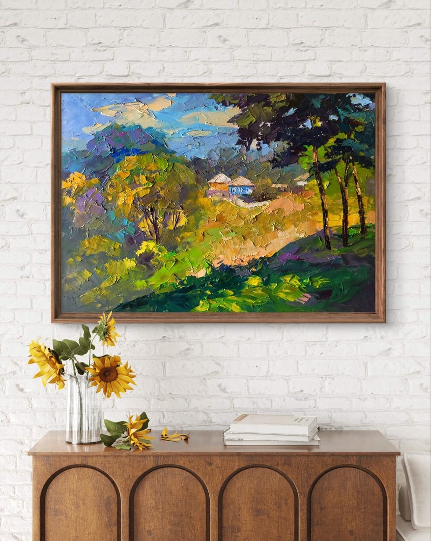 Oil painting A village can be seen beyond the forest Boris Serdyuk - 3